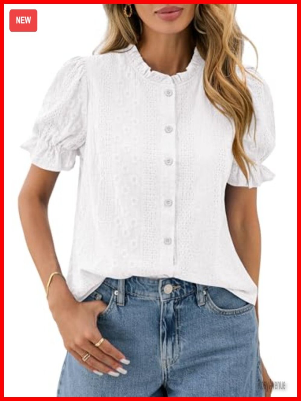 Women's Cotton Embroidered Puff Sleeve Blouse Button Front